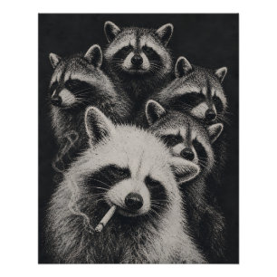 Pôster Família de Guaxinins Vintage Preto e Branco