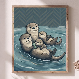 Poster Família de Lontras Marinhas Fofas Arte de Berçário