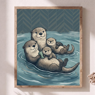 Poster Família de Lontras Marinhas Fofas Arte de Berçário