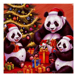 Pôster Família De Pandas Abrindo Presentes De Natal