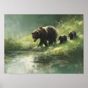 Poster Família de Ursos Grizzly à Beira do Rio