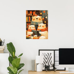Poster Família de Ursos Polares Lendo Juntos no Natal