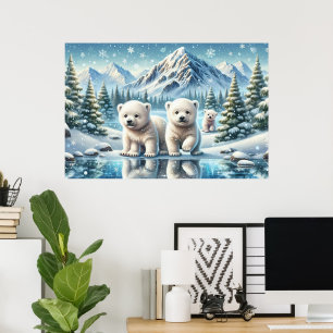 Poster Família de Ursos Polares Paisagem Montanhosa Nevad