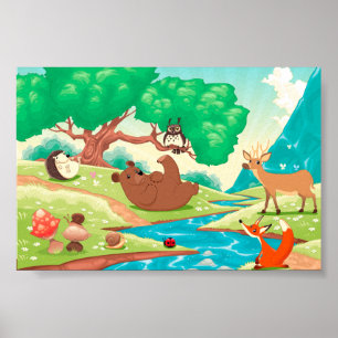 Poster Família dos animais na madeira