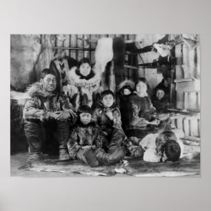 Poster Família Eskimo na fotografia do iglu do inverno