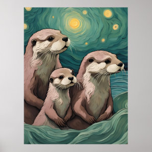 Poster Família Otter num Oceano Noturno Estrelado