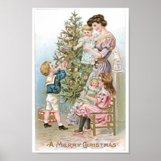Poster Família Vintage na Árvore de Natal