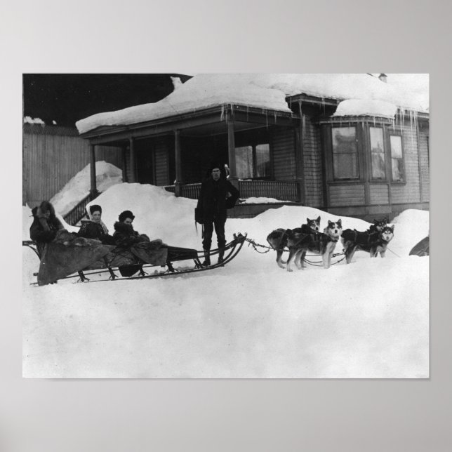 Poster Family traveling by Dog Sled in Alaska (Frente)