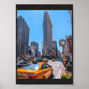 Poster Famoso Edifício Flatiron Nova York Táxi Amarelo Re