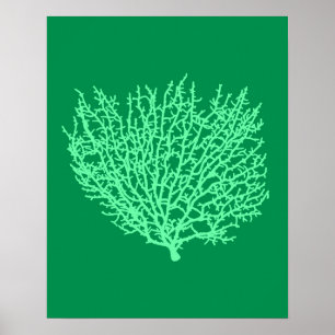 Pôster Fan Coral Print, Pale Green on Deep Jade  Green