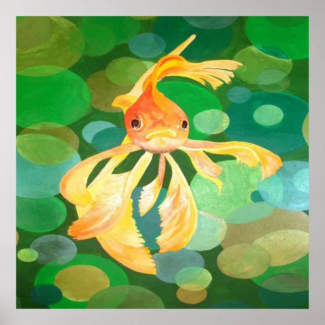 Poster Fantail Goldfish Com Vetor De Bolhas Verdes (Frente)