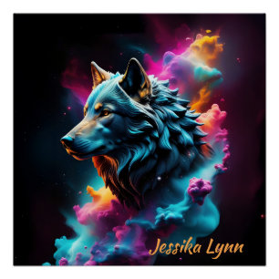 Pôster Fantasia Cósmica Fantasia Wolf Personalizada Arte