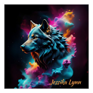 Pôster Fantasia Cósmica Fantasia Wolf Personalizada Arte