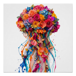 Pôster Fantasia de Água-viva Floral Vibrante com Tonalida