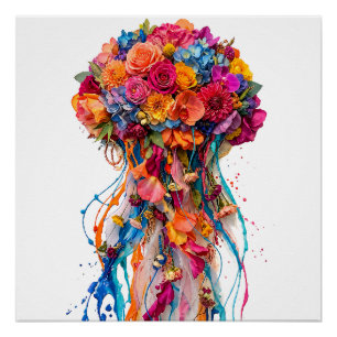 Pôster Fantasia de Água-viva Floral Vibrante com Tonalida