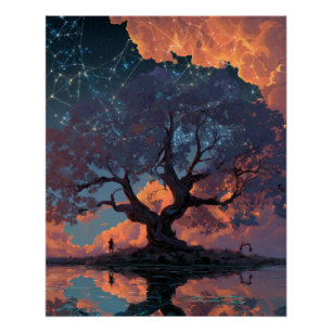 Pôster Fantasia de Arte de Reflexo de Árvore no Pôr do So