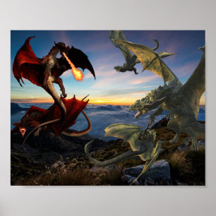 Poster Fantasia de Batalha do Dragão Vermelho e Verde