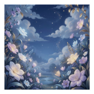 Pôster Fantasia de Estrelas no Céu Noturno Floral Roxo