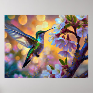 Poster Fantasia de Flor de Cerejeira Beija-flor ao Nascer