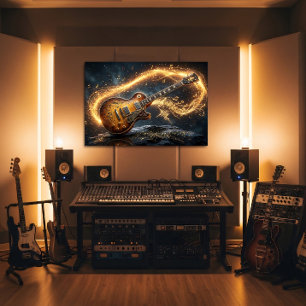 Poster Fantasia de Guitarra Dourada Mágica Notas Musicais