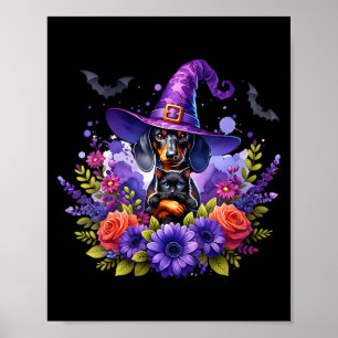 Poster Fantasia de Halloween Feminina Bruxa Dachshund Cac