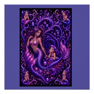 Pôster Fantasia de Mermaid Roxa Duo Sonho Oceânico Arte