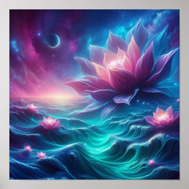 Poster Fantasia do Oceano Celestial Radiante em Flor (Frente)