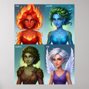 Poster Fantasia Elementar Retratos Fogo Água Terra Ar