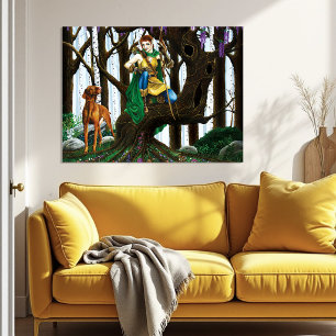 Poster Fantasia Elfa Arqueira Cachorro Vizsla Floresta En