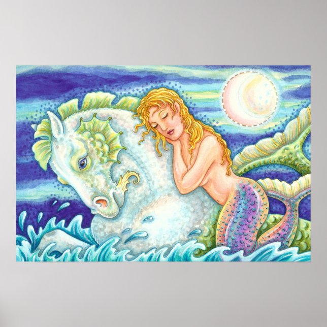 POSTER FANTASIA FANTASY MERMAID RIDING MERHORSE, SEAHORSE (Frente)