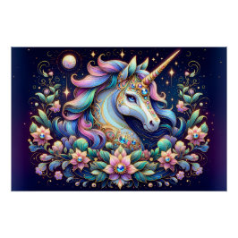 Pôster Fantasia Floral de Unicórnio em Tons Preciosos