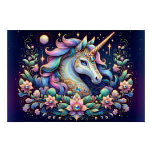 Pôster Fantasia Floral de Unicórnio em Tons Preciosos