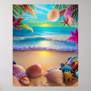Poster Fantasia mística de pôr do sol de praia com flor t