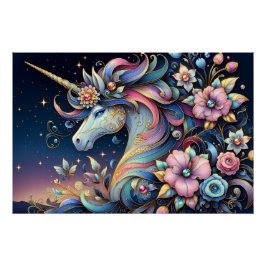 Pôster Fantasia Noturna de Unicórnio Floral