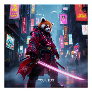 Pôster Fantasia Panda Vermelho Samurai Fofo