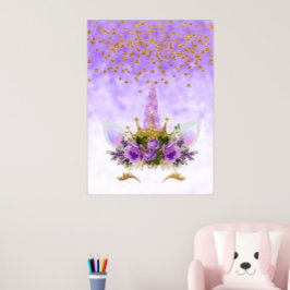 Poster Fantasia Roxa e Estrelas Ouros Unicórnio