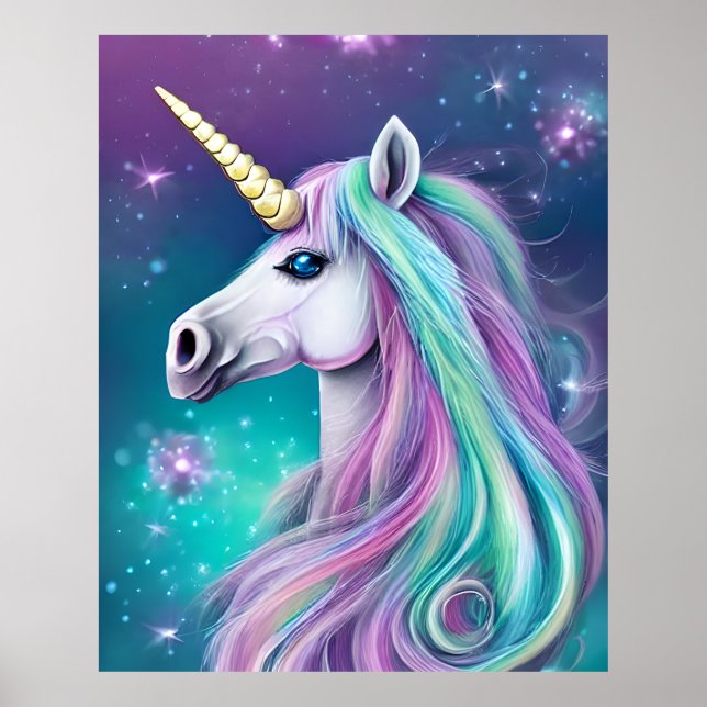 Poster Fantasia Unicórnio com Cabelo Azul e Rosa (Frente)