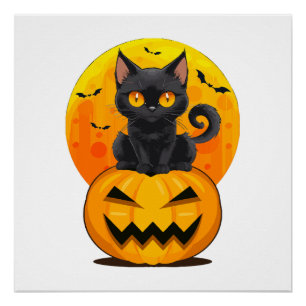 Pôster Fantasias de Halloween de Abóbora de Gato Preto