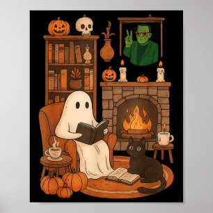 Poster Fantasma Aconchegante De Halloween Retro Lendo Liv