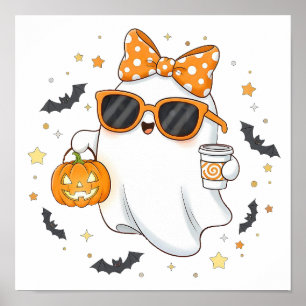 Poster Fantasma Bonita do Halloween com Abóbora