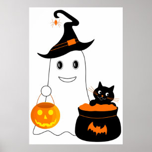 Poster Fantasma bonito com gato preto celebra o halloween