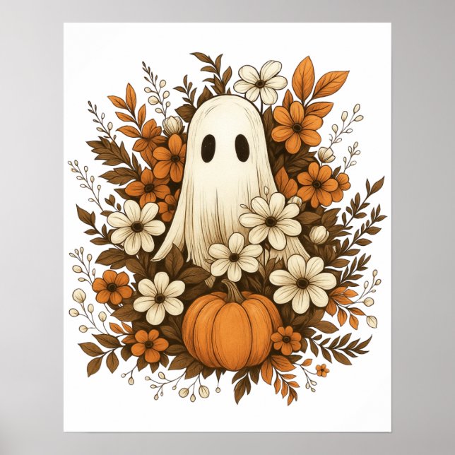 Poster Fantasma Bonito Com Pumpkin E Flores De Queda - Ha (Frente)