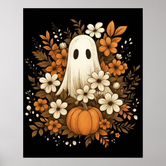 Poster Fantasma Bonito Com Pumpkin E Flores De Queda - Ha (Frente)