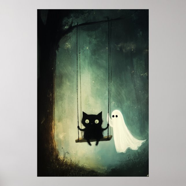 Poster Fantasma das Halloween e Gato Negro em um Swing (Frente)