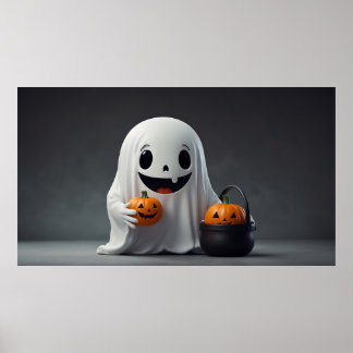 Poster Fantasma de Cartoon Bonito Segurando um Saco de Tr