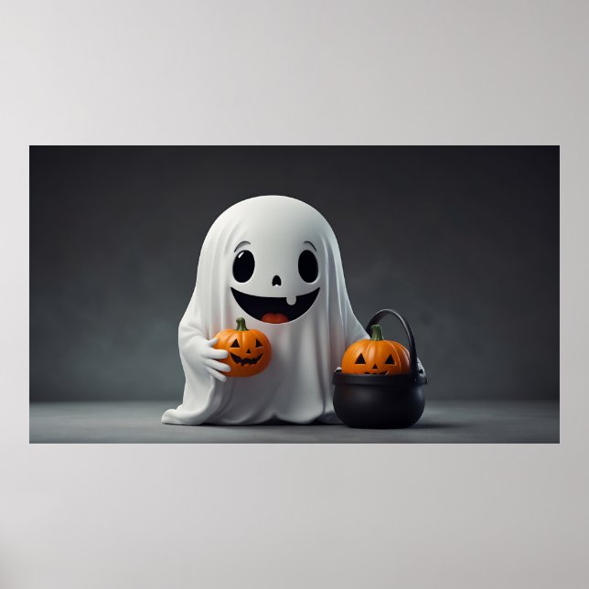 Poster Fantasma de Cartoon Bonito Segurando um Saco de Tr (Frente)
