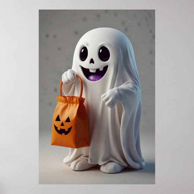 Poster Fantasma de Cartoon Bonito Segurando um Saco de Tr (Frente)