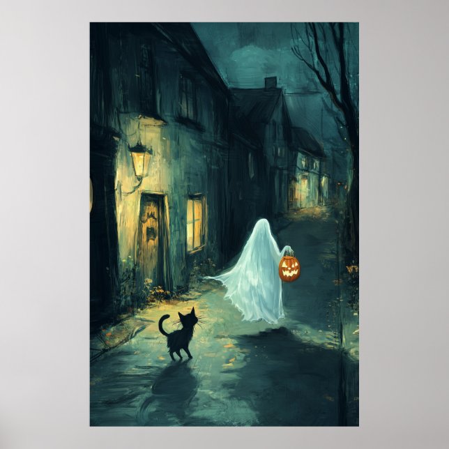 Poster Fantasma de Halloween e Truque de Gato ou Tratar (Frente)