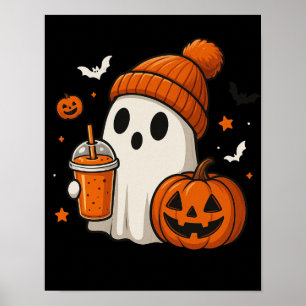 Poster Fantasma de Halloween Fofo com Abóbora e Bebida