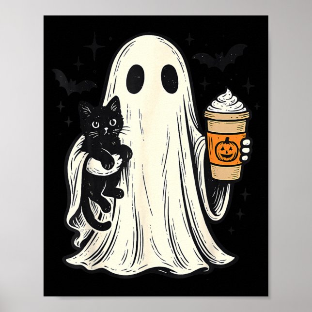 Poster Fantasma de Halloween Fofo Segurando Gato Preto Ca (Frente)